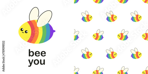 Set of rainbow bee element and seamless pattern made of flying bees. LGBTQ Pride community symbol, free love positive slogan Bee you. Flat vector illustration isolated on transparent background