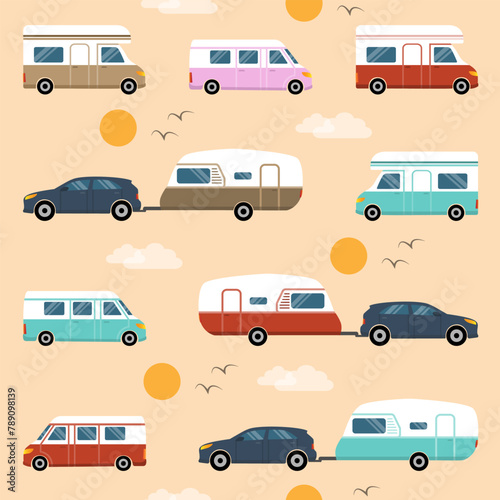 Seamless pattern with campers, motor homes, caravans and travel vans.