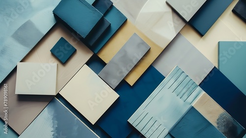 Creative flat lay composition with textile and paint samples panels and cement tiles Stylish interior designer moodboard Blue and beige color palette Copy space Template : Generative AI photo
