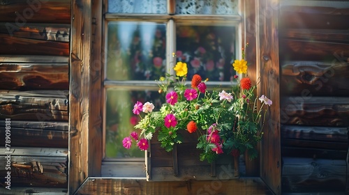 Rustic window with flowers in an old wooden house closeup : Generative AI