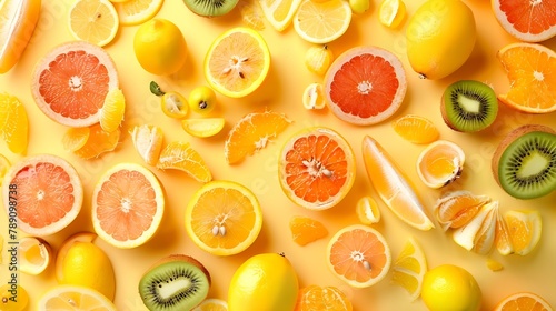 Orange flatlay covered in tropical fruit like lemon kiwi mango ananas passion fruit grapefruit Summer vibes background fresh healthy food : Generative AI