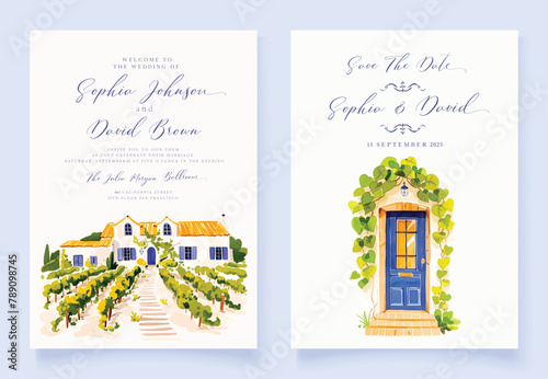 Wedding invitation of nature landscape with wooden door view watercolor