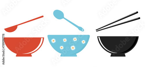 Set of bowls with spoon and chopsticks icon sign isolated on white backgrounds vector.
