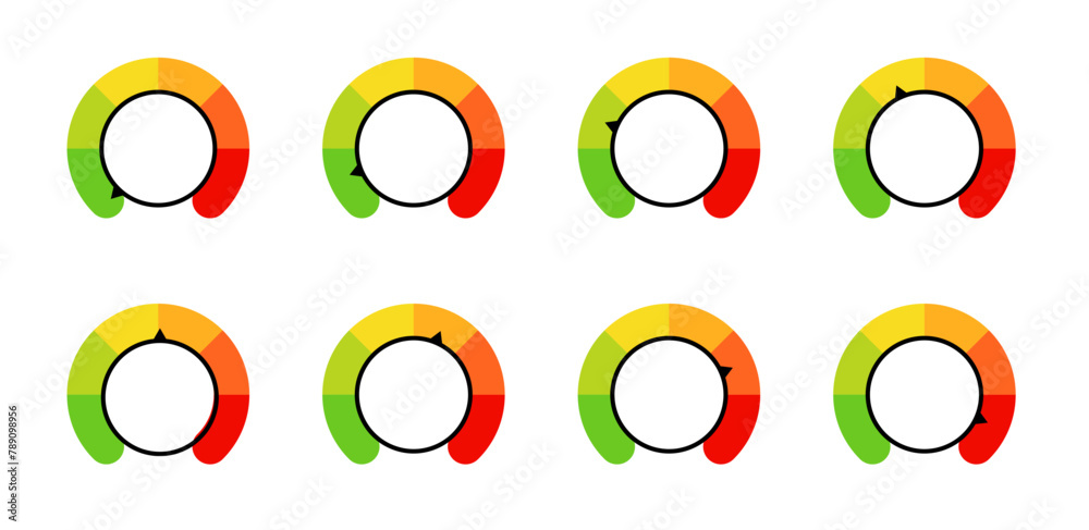 Set of Colorful Speedometers. Flat Collection on White Background Set of Colorful Speedometers. Flat Collection on White Background