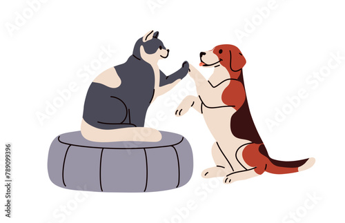 Cute dog and cat friends giving high five. Pets communication concept. Smart canine and feline animals greeting with paw, hi gesture. Flat graphic vector illustration isolated on white background