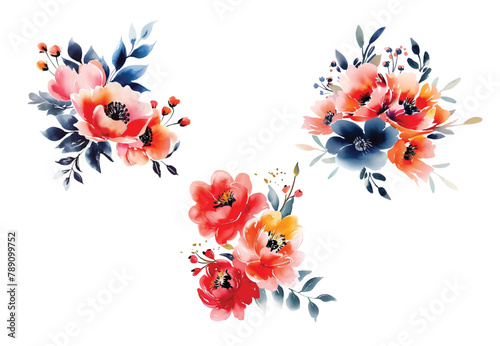 Watercolor flowers bouquets isolated on white background. Stylish fall wedding bunch of flowers. Elements are isolated and editable