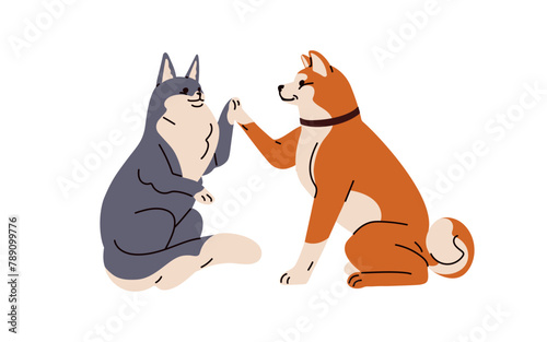 Cute dog and cat giving high five. Smart trained pets, greeting with paws, hi gesture. Canine and feline friends, happy kitty and puppy. Flat graphic vector illustration isolated on white background