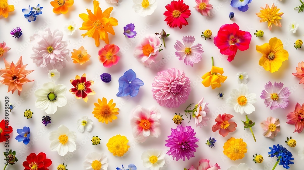 Creative pattern made of colorful spring flowers with copy space Minimal style Flat lay : Generative AI Creative pattern made of colorful spring flowers with copy space Minimal style Flat lay : Generative AI