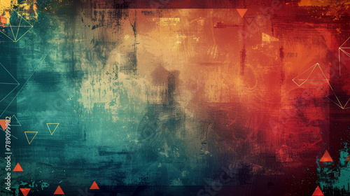 Vibrant abstract background with red to blue gradient and geometric shapes.