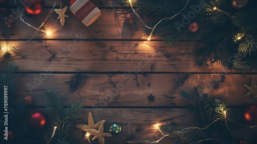 Christmas flat lay wooden texture background : Generative AI