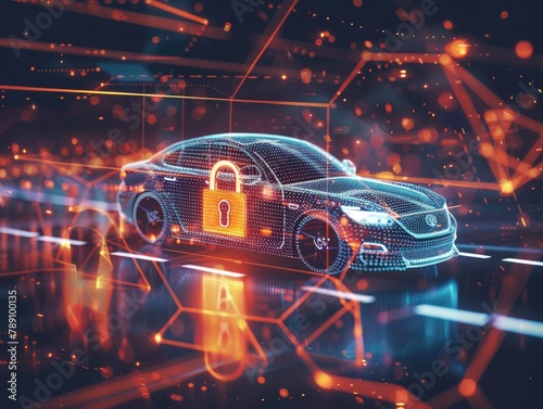 Futuristic holographic car analysis with digital interface and cyber security concepts