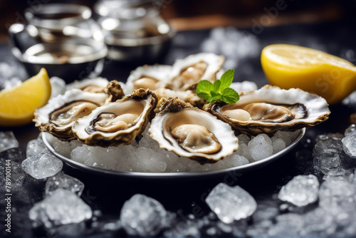 ice Tasty oysters lemon