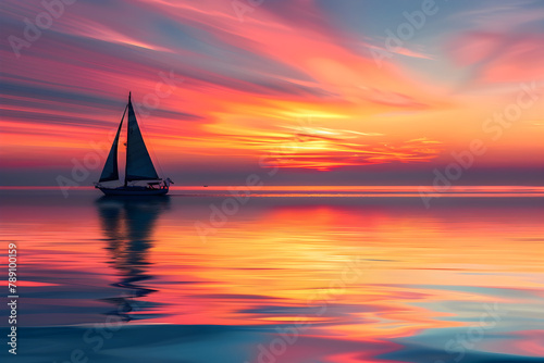Breathtaking Ocean View Reflecting Sunset Hues with Sailboat Silhouette at Far Distance © Adele