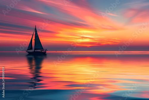 Breathtaking Ocean View Reflecting Sunset Hues with Sailboat Silhouette at Far Distance