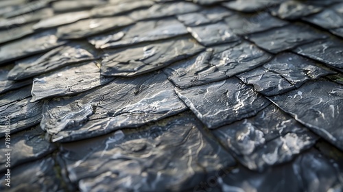 Roof of a country house covered with gray slate closeup Old roof covered with slate Texture of old roof slate background : Generative AI