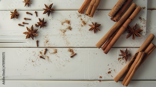 Aromatic cinnamon sticks and anise on white wooden table flat lay : Generative AI photo