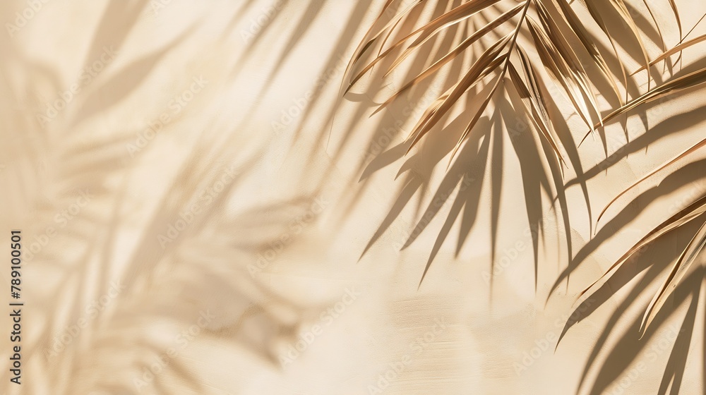 Obraz premium Palm leaves shadow on pastel beige wall background Summer tropical beach background Top view flat lay copy space wallpaper : Generative AI