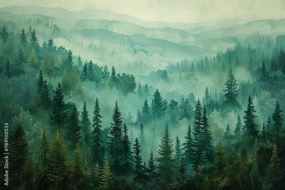 Layers of pine trees shrouded in soft fog create a dreamlike landscape ...