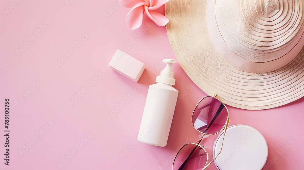 mockup of beauty products in a white jar sun spray spf sun protection summer womens or childrens accessories on a pastel pink background glasses a hat for a beach holiday flat lay copy : Generative AI