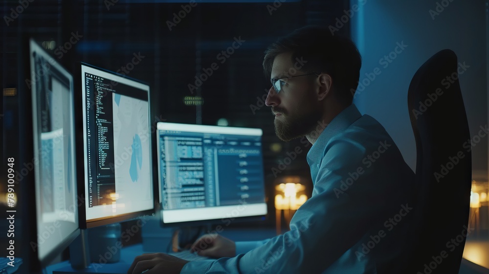 Dedicated software developer at workstation engaged in script writing and cybersecurity tasks in modern office environment Dedicated software developer at workstation engaged in script writing and cybersecurity tasks in modern office environment