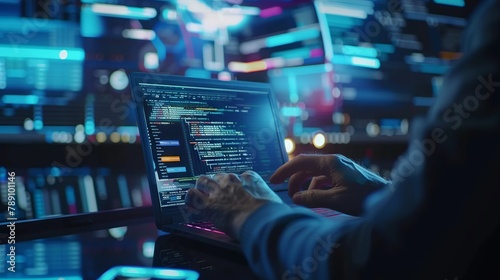 Dedicated programmer engaging in software development with java script code on laptop screen, embracing iot and digital technology innovations
