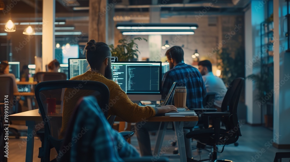 Dedicated programming team collaboratively solving complex issues and crafting innovative software solutions in a modern tech company workspace Dedicated programming team collaboratively solving complex issues and crafting innovative software solutions in a modern tech company workspace