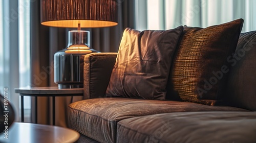 Still life close up view of an elegant brown sofa in a luxury home living room with different fabrics cushions and textures and a side table with a stylish lamp Hotel interior suite de : Generative AI photo
