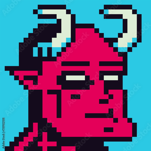 Pixel art creepy demon, red face with horns, Halloween costume scary crap portrait avatar character, 8-bit, cartoon vector icon, game userpic, web profile person, people, social net, crypto art