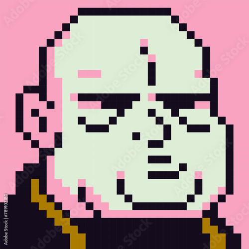 Plump bald man avatar pixel art character, cartoon, game user or web profile person, people, social net portrait, strange guy face, minimalistic vector illustration.