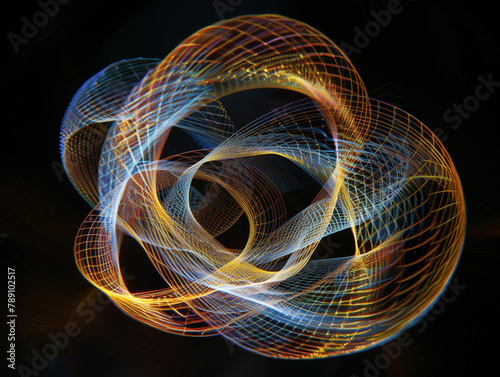 Multicolored twisted ordered parallel lines on a black background. Light in motion. Color abstraction.
