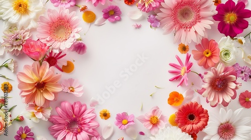 Background wreath frame with round of flowers Flat lay top view : Generative AI © Generative AI