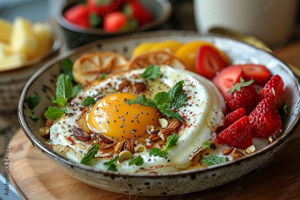 Bowl with fried egg, fruit and mint. Bowl with fried egg, fruit and mint.