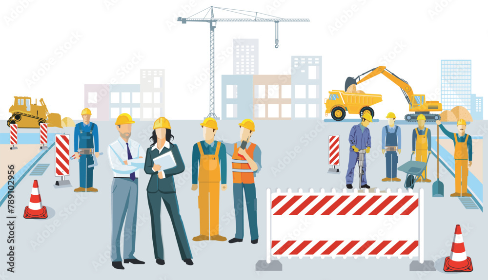 Straßenbaustelle mit Architekt und Baufahrzeugen Straßenbaustelle mit Architekt und Baufahrzeugen