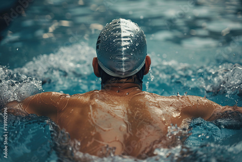 Back view of professional swimmer in pool cap training in the pool. Generated by artificial intelligence
