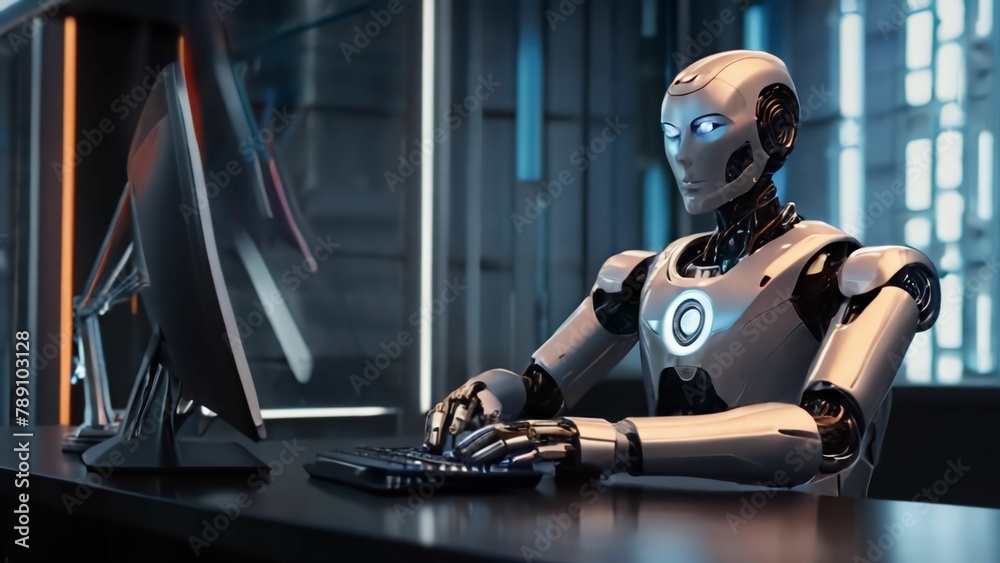 an image of a robot working on your computer in a futuristic setting an image of a robot working on your computer in a futuristic setting