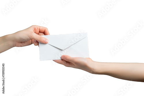 Close-up view of one hand handing an envelope to another hand isolated on a cut out PNG transparent background