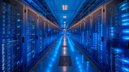 A hi tech data center with rows of server racks on either side.