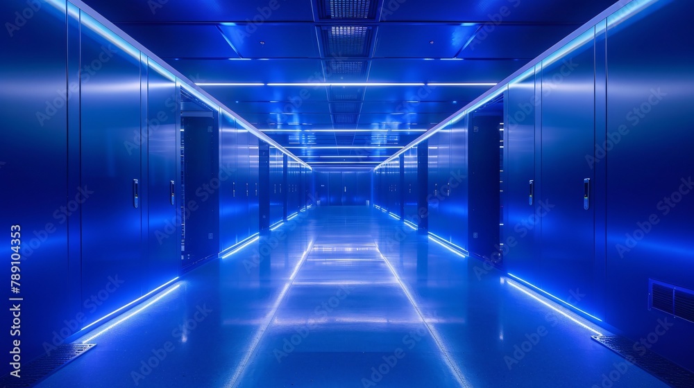 A long blue hallway of data center with blue lights on the floor and ceiling.