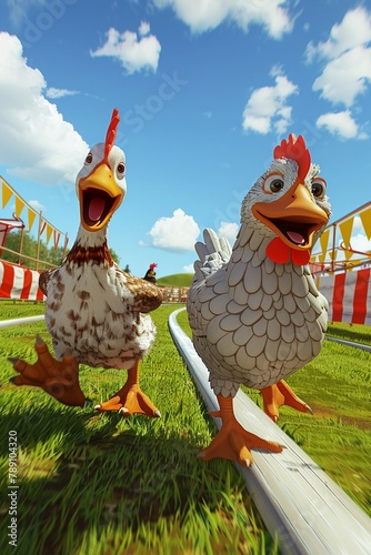 A humorous depiction of a chicken and a duck participating in a farm race, focusing on their animated movements The track is lined with bright, cheerful banners and a clean, grassy background, enhanci photo