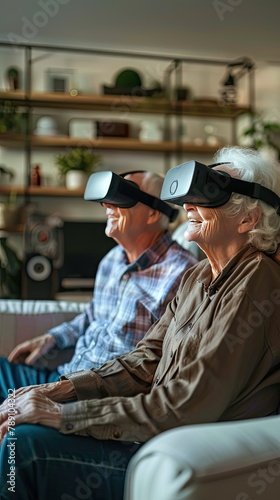 Elderly couple enjoying a virtual reality experience at home
