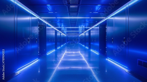 A long blue hallway of data center with blue lights on the floor and ceiling.