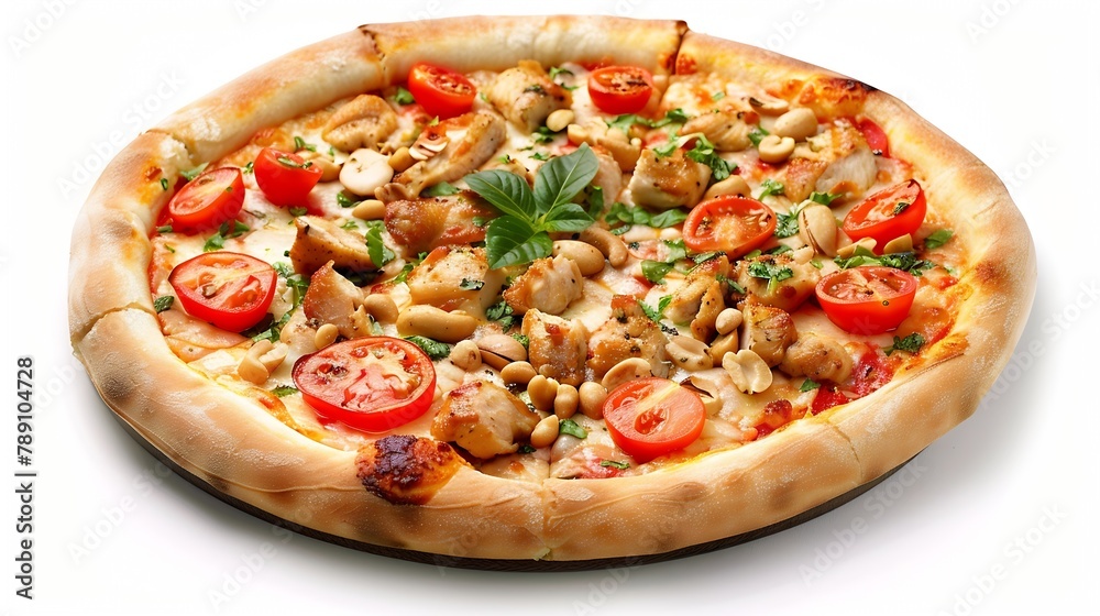 Italian pizza on a thick crust with chicken nuts and tomatoes flat lay on a white background isolate : Generative AI