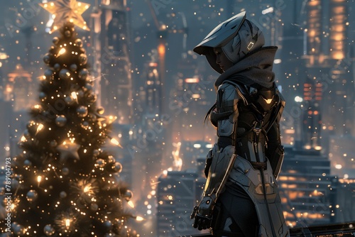 Christmas tree in futuristic city, sorceress with metal armor, minimalist lines, wide angle, 