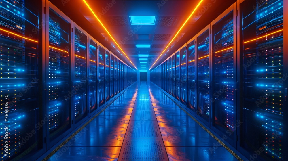 A long, dark hallway with rows of servers on either side. The servers are lit up with blue and orange lights.