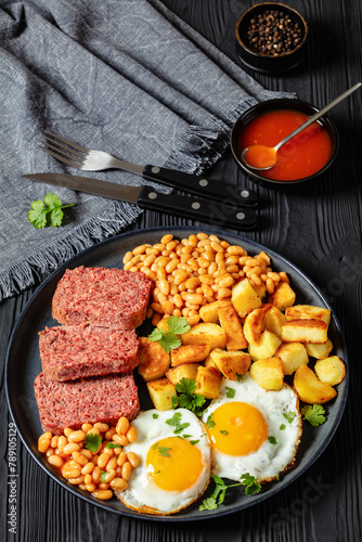 corned beef, baked beans, potatoes and fried eggs