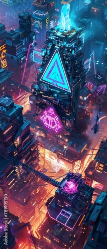 A network business specializing in cyberpunk technologies introduces a vibrant logo that captures the essence of mystic frostfire in a quaint market setting, digital photography, photo