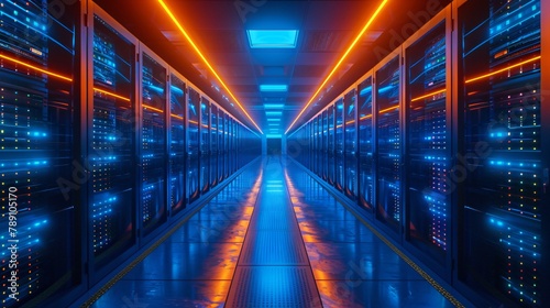 A long, dark hallway with rows of servers on either side. The servers are lit up with blue and orange lights.