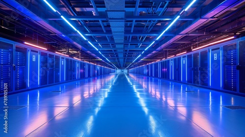 A long, futuristic, blue-lit hallway with servers on both sides. © Tackey