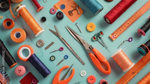 Sewing flat lay Sewing kit needles threads buttons wire cutters scissors tape measure Content for sewing workshops ateliers for tailoring clothes : Generative AI