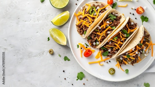 Ground Beef Tacos with shredded cheddar cheese fresh lettuce tomato onion on a white plate with lime wedges horizontal view from above mexican cuisine flat lay free space : Generative AI photo